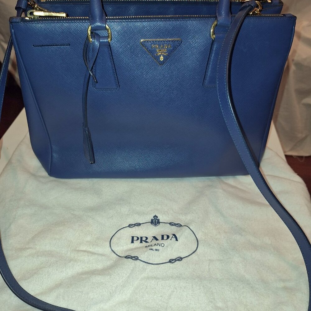 Blue Prada Saffiano Galleria Double Zip Leather Tote/Purse